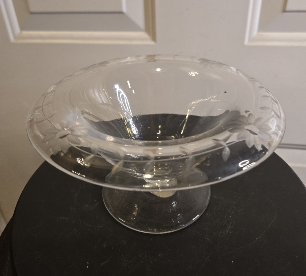 Depression Glass Antique Compote Pedestal Bowl Clear with Etched Flowers